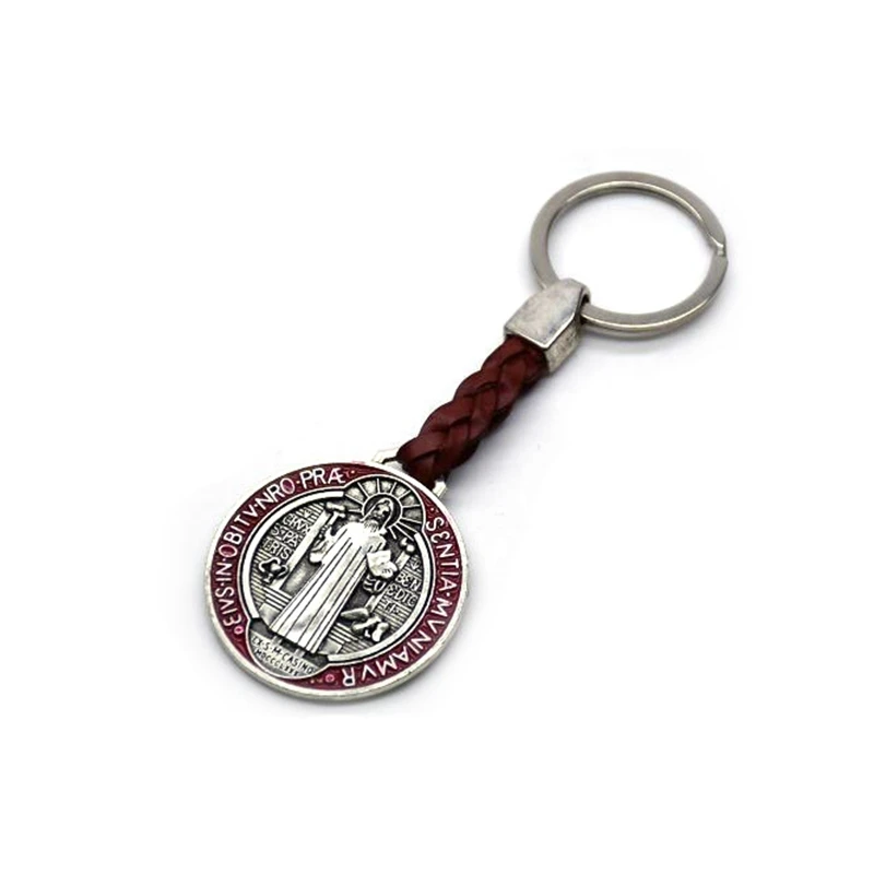 Vintage Saint Benedict PU Leather Keychain For Men Women Religious Gift