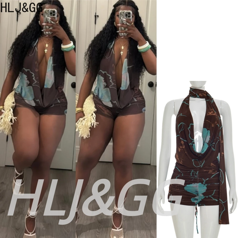 

HLJ&GG sexy mesh print ruched halter one piece rompers women deep v sleeveless backless bandage jumpsuits fashion streetwear