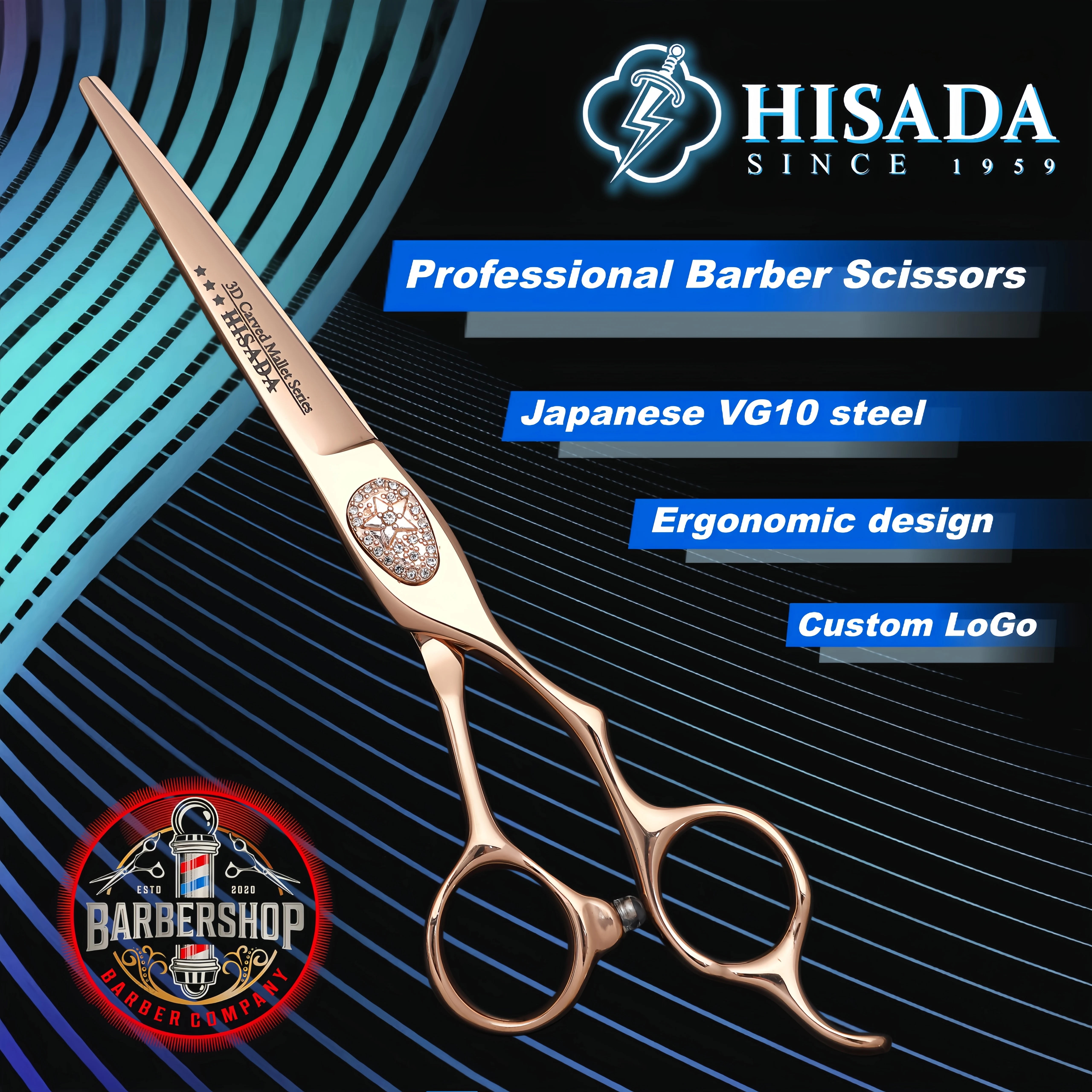 HISADA Professional Barber Scissors VG10 Steel Hair Cutting Shears 6.0/6.5/7.0 Inch Rose Gold Silver for Hairstylists