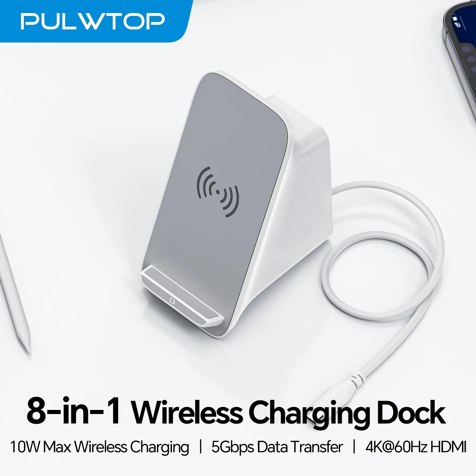 

Многофункциональная док-станция PULWTOP 8-в-1 для ноутбуков с беспроводной зарядкой 10 Вт (макс.), HDMI 4K@60Гц, USB A/C, PD100W, RJ45 для MacBook/ноутбуков
