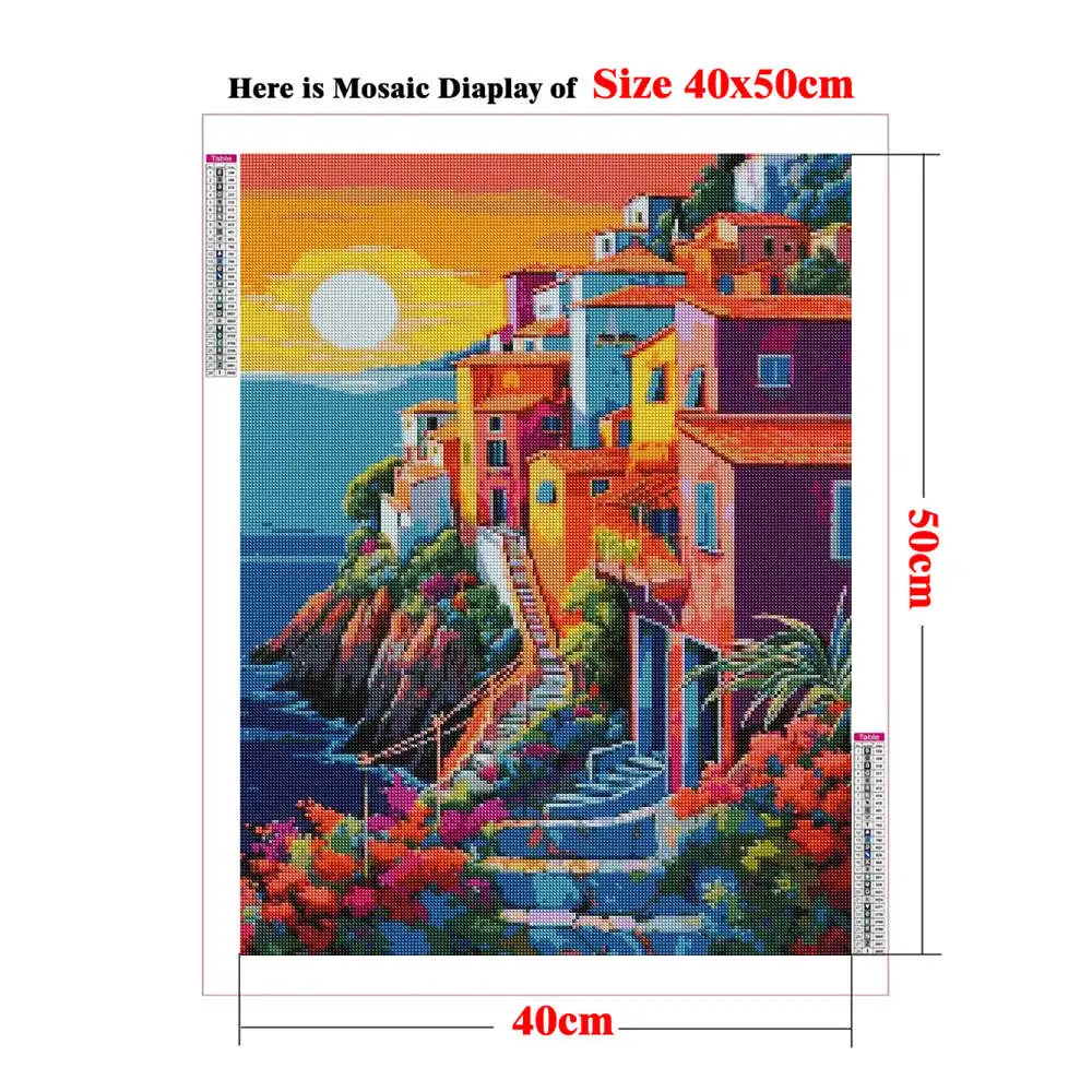 Coastal Village Cityscape 5D Diy Diamond Painting , Mosaic Embroidery Cross Stitch Set , Santorini Amalfi Coast Manarola Parga