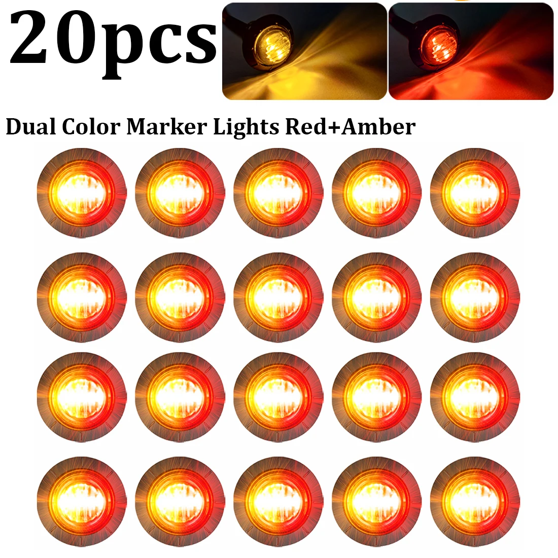 

20x Red Amber LED Side Marker Lights Dual Color 3/4" Waterproof 12V Clearance Signal Light Position Lamp​​ For Truck Trailer