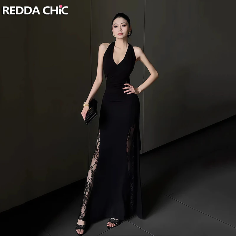 

Черное кружевное платье-боди REDDACHiC с лоскутным узором, облегающее, с вырезами по бокам, эластичное, с драпированным вырезом-качели, на бретельках, макси-платье, сексуальная женская одежда