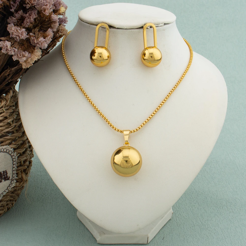 Einfache geometrische Metall-Halskette, Ohrringe, Set, kugelförmiger Anhänger für Damen, Edelstahl, vergoldet, lichtecht, trendiger Schmuck – Detail 8