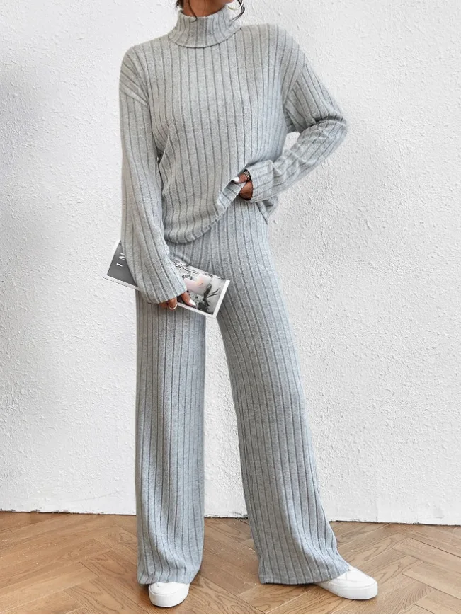 Women\'s New Autumn Casual Solid Color Turtleneck Knitted Long-sleeved Sweater + Elastic Waist Loose Long Pants Two-piece Set