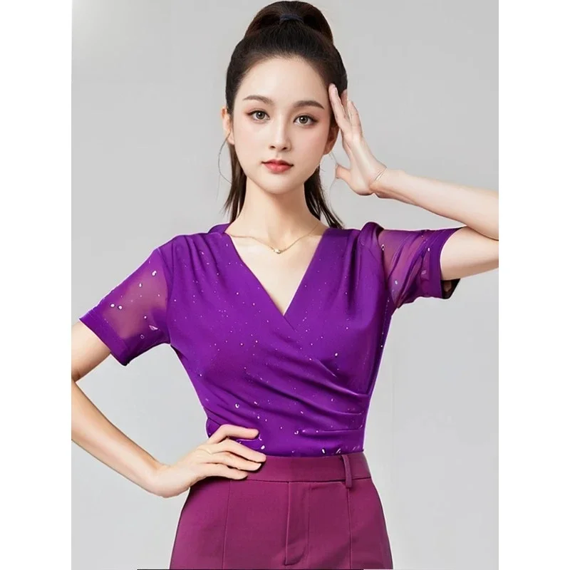 

New Latin Dance Wear Costumes Female Mesh Short-sleeved Cross V-neck Samba Evening Dresses Slim Practice Party Dresses Clothes