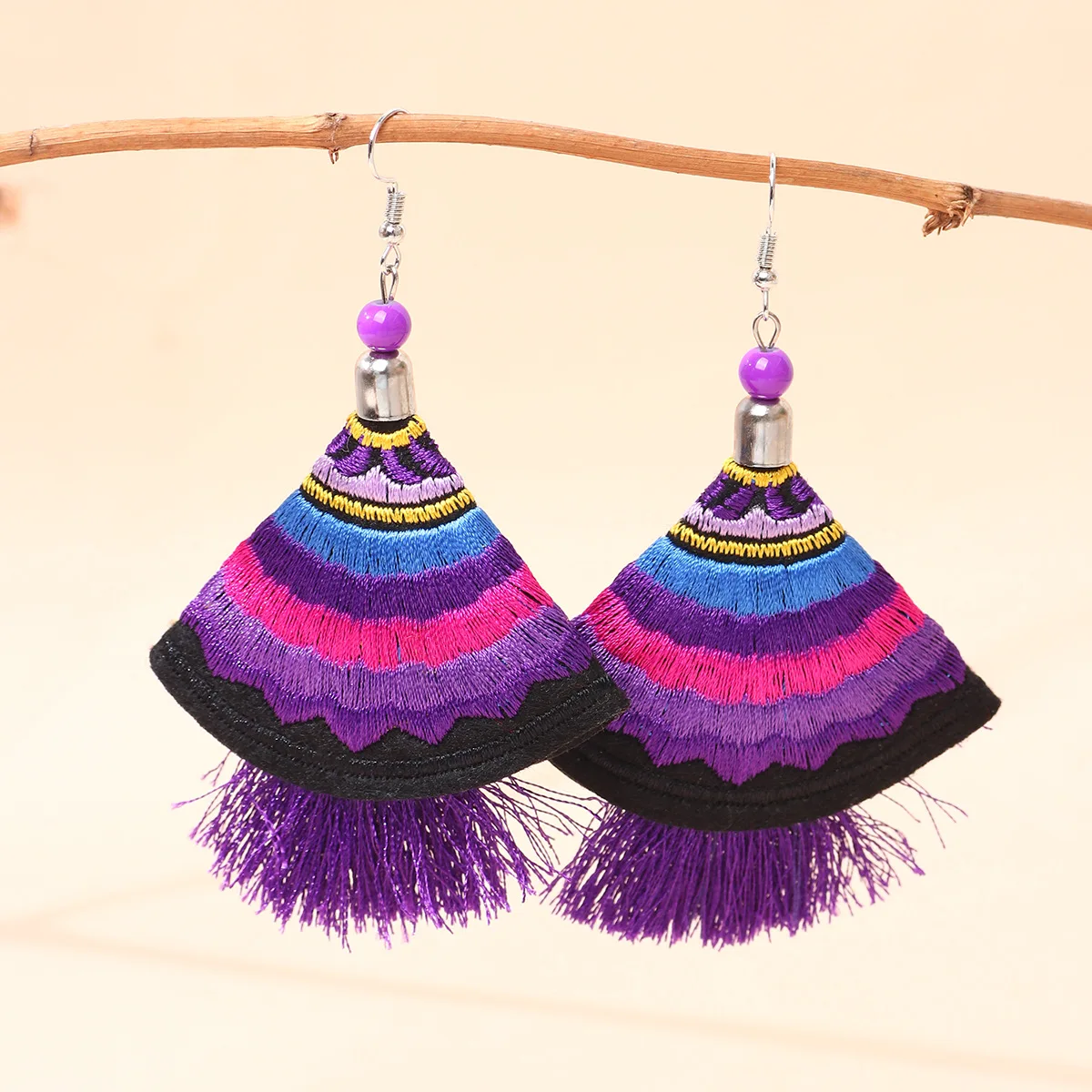 1Pc handmade embroidered earrings with floral tassels, retro ethnic style, elegant for stage performance and cosplay