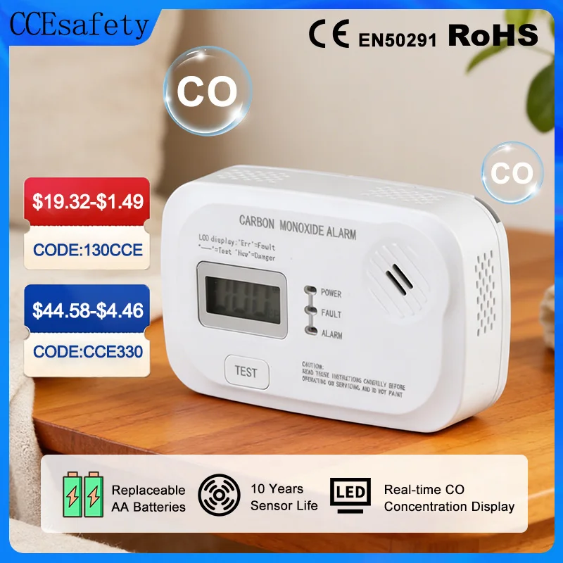 Detector de monóxido de carbono en50291, 10 anos, sensor co, alarme portátil de monóxido de carbono para casa, rv, viagem, lcd, baterias aa