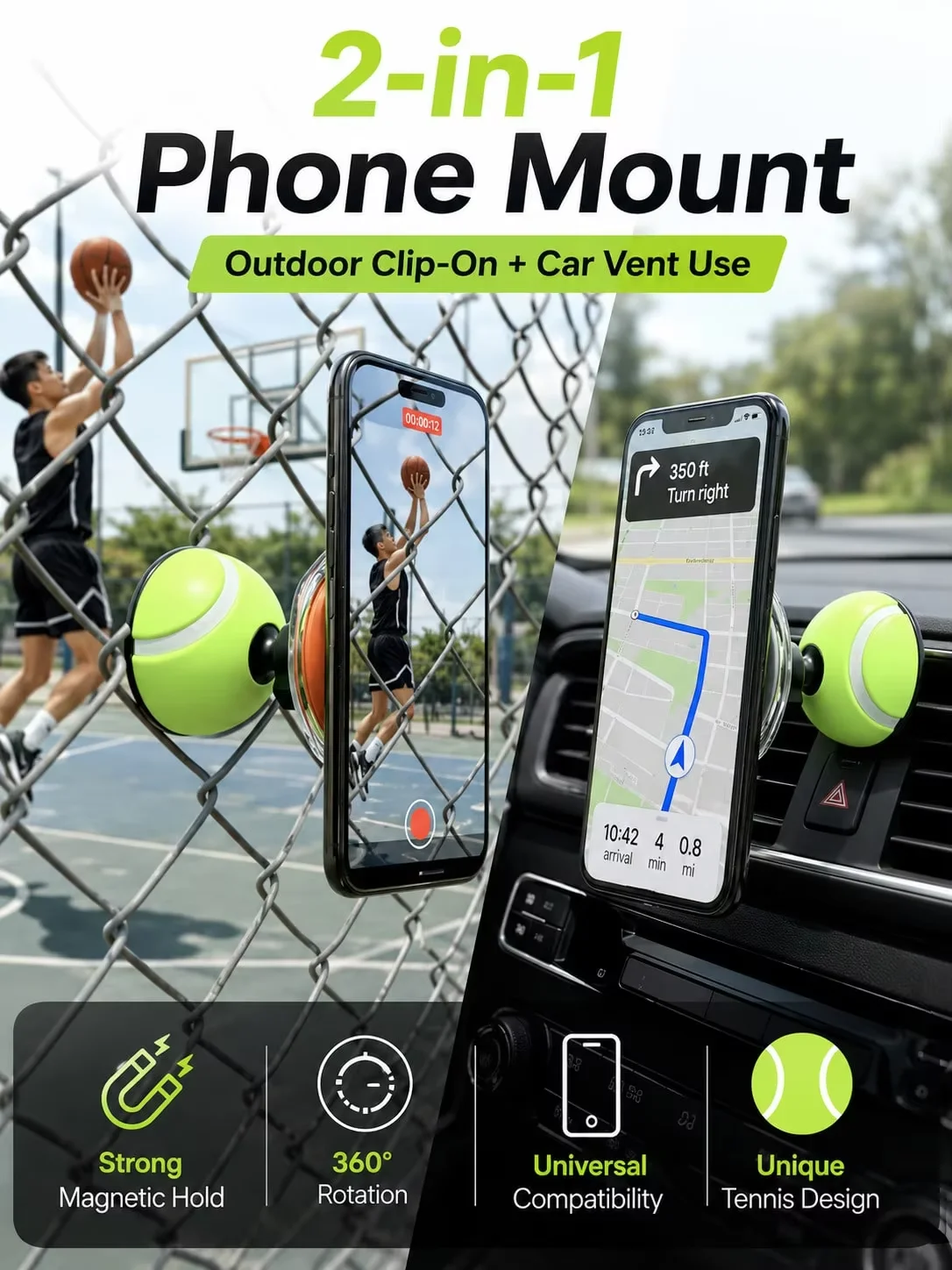 2‑in‑1 Tennis Ball Magnetic Phone Mount, Car Vent & Outdoor Clip‑On Holder, 360° Rotation for Navigation & Sports Vlogging