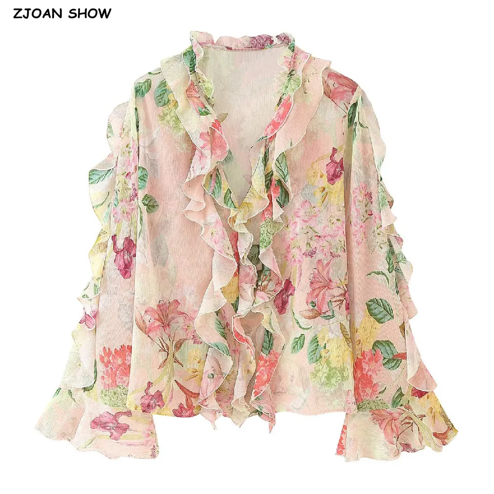 

2025 Fashion Semi Sheer Floral Print Wood ears Ruffles V neck Pullover Shirt Women Full Flare Sleeve Loose Chiffon Blouses Tops