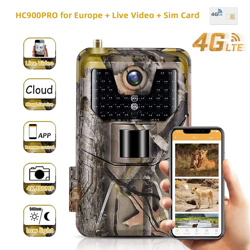 Live Broadcast 4K/2K 30MP APP Trail Camera Cloud Service Wildlife Hunting Surveillance 4G Wireless Cameras HC900PRO Photo Traps