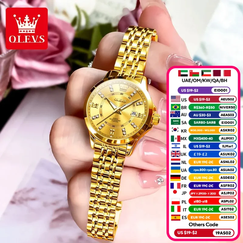 OLEVS Original Women‘s Gold Watch Ladies Analog Quartz Elegant Diamond Wristwatch 3Bar Waterproof Luxur Brand 3620