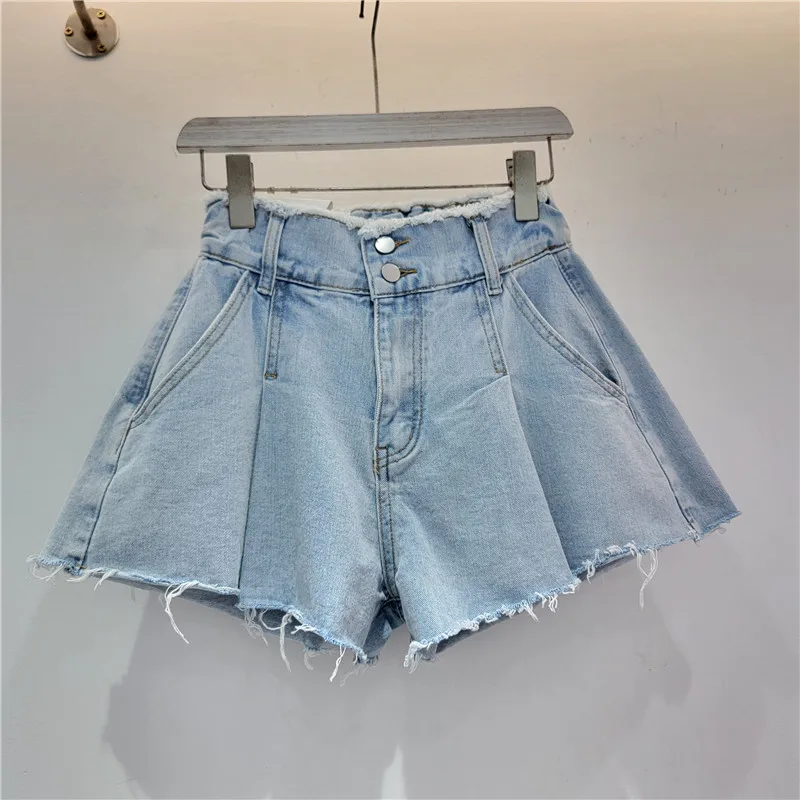 Short en jean denim à jambes larges, jean taille haute, deux boutons, couleur unie, tout match, pantalon court décontracté, simple, été