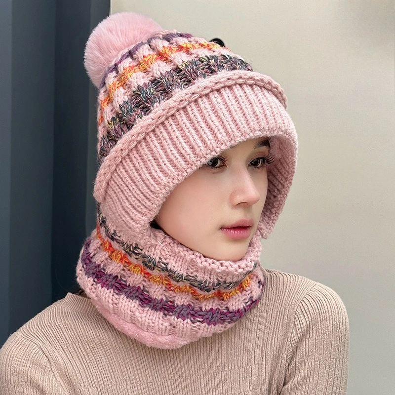 rainbow-color-matching-thickened-knitted-hat-scarf-mask-integrated-hat-women's-winter-outdoor-velvet-warm-one-piece-hat