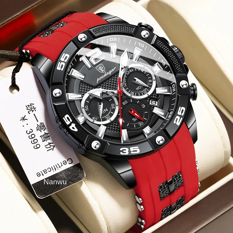 POEDAGAR Mens Watches Brand Luxury Silicone Strap Waterproof Sport Chronograph Quartz Wristwatch Men Clock Relogio Masculino