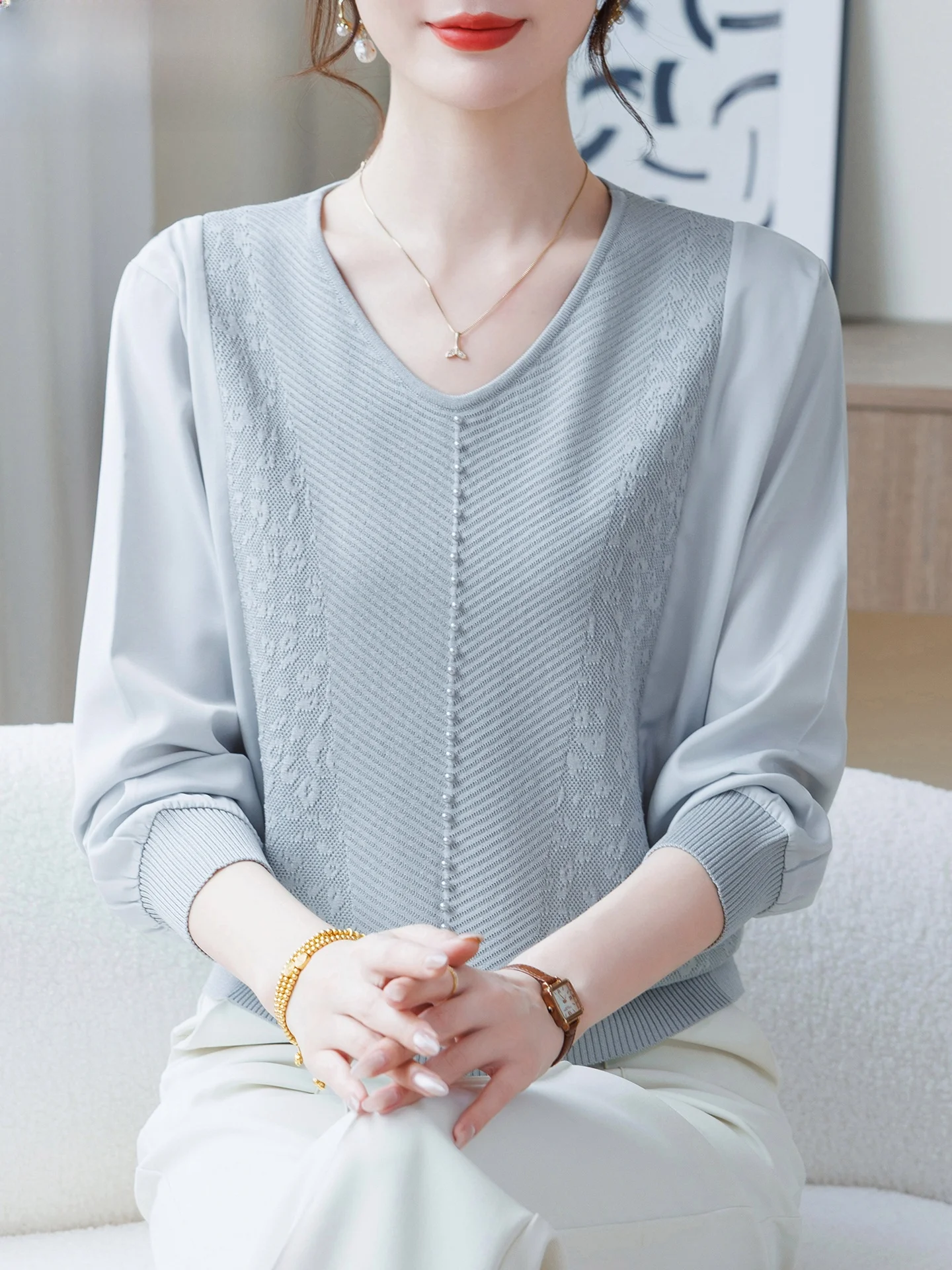 

Весенний вязаный свитер свободного кроя для женщин среднего возраста, модный топ для молодых мам, повседневная шикарная одежда премиум-класса для женщин