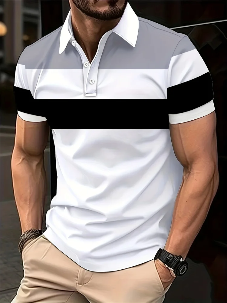 Men's Casual Polo Shirt Fashion Stitching Line Design Slight Stretch Comfortable Fabric Plus Size Men's Lapel Short Sleeves Top