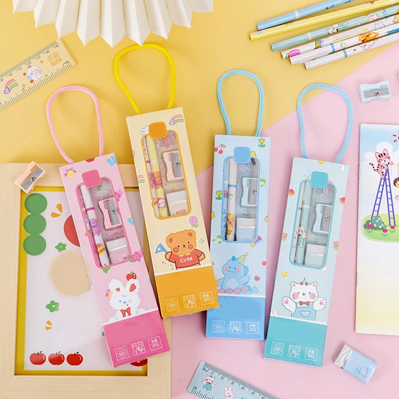 Kit de útiles Escolares Kawaii, suministros completos (lápiz 2 piezas, goma de borrar, sacapuntas, regla)