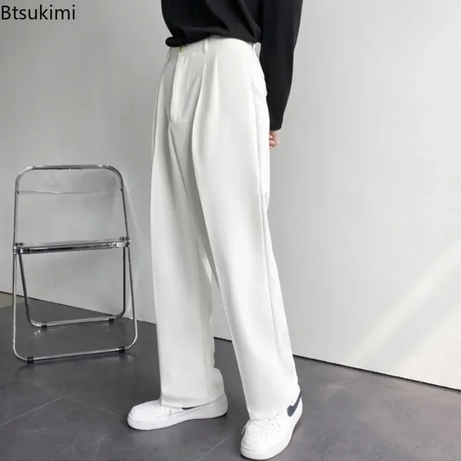 

Japanese and Korean Men Thin Pendant Casual Dress Pants Men Ins Nine Points Loose Straight Leg Casual Wide Leg White Suit Pants