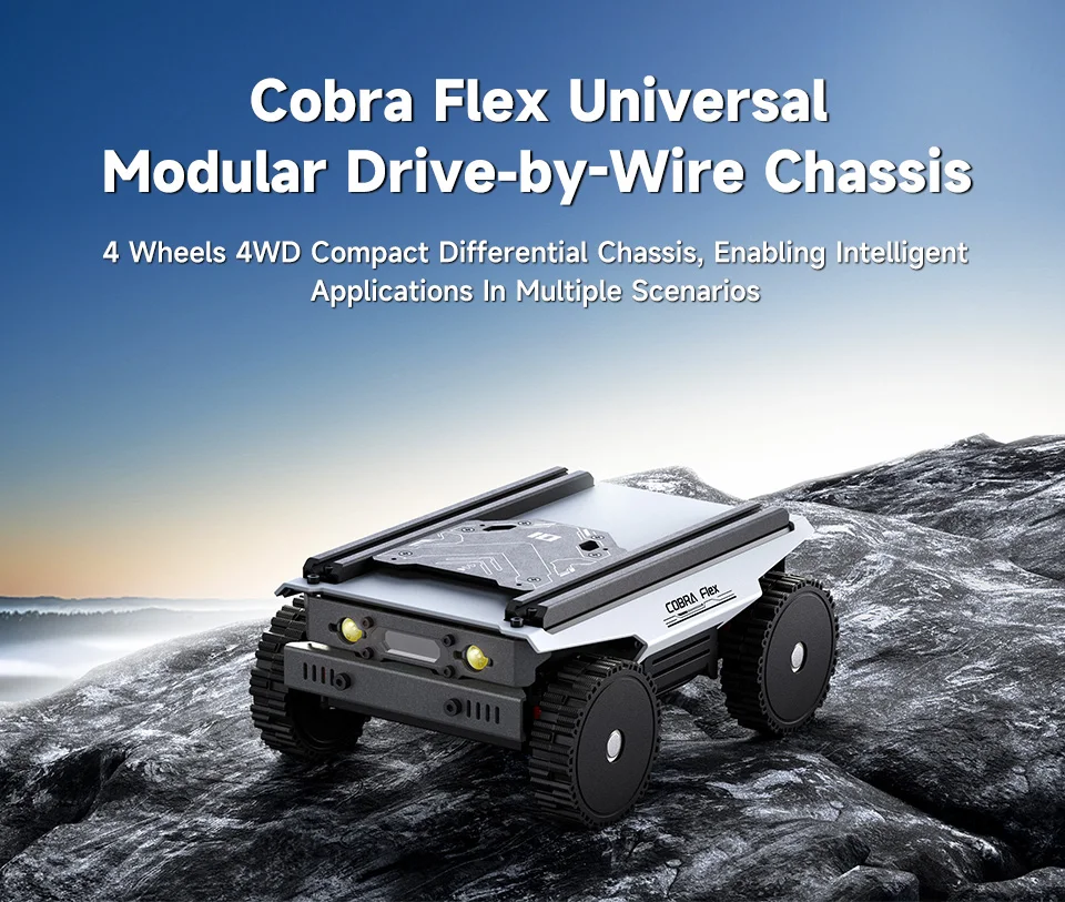 4 Wheels Compact Drive-by-Wire Hub Motor Multi-Host Compatible，Cobra Flex 4WD Universal Modular Chassis Kit for Robot Building