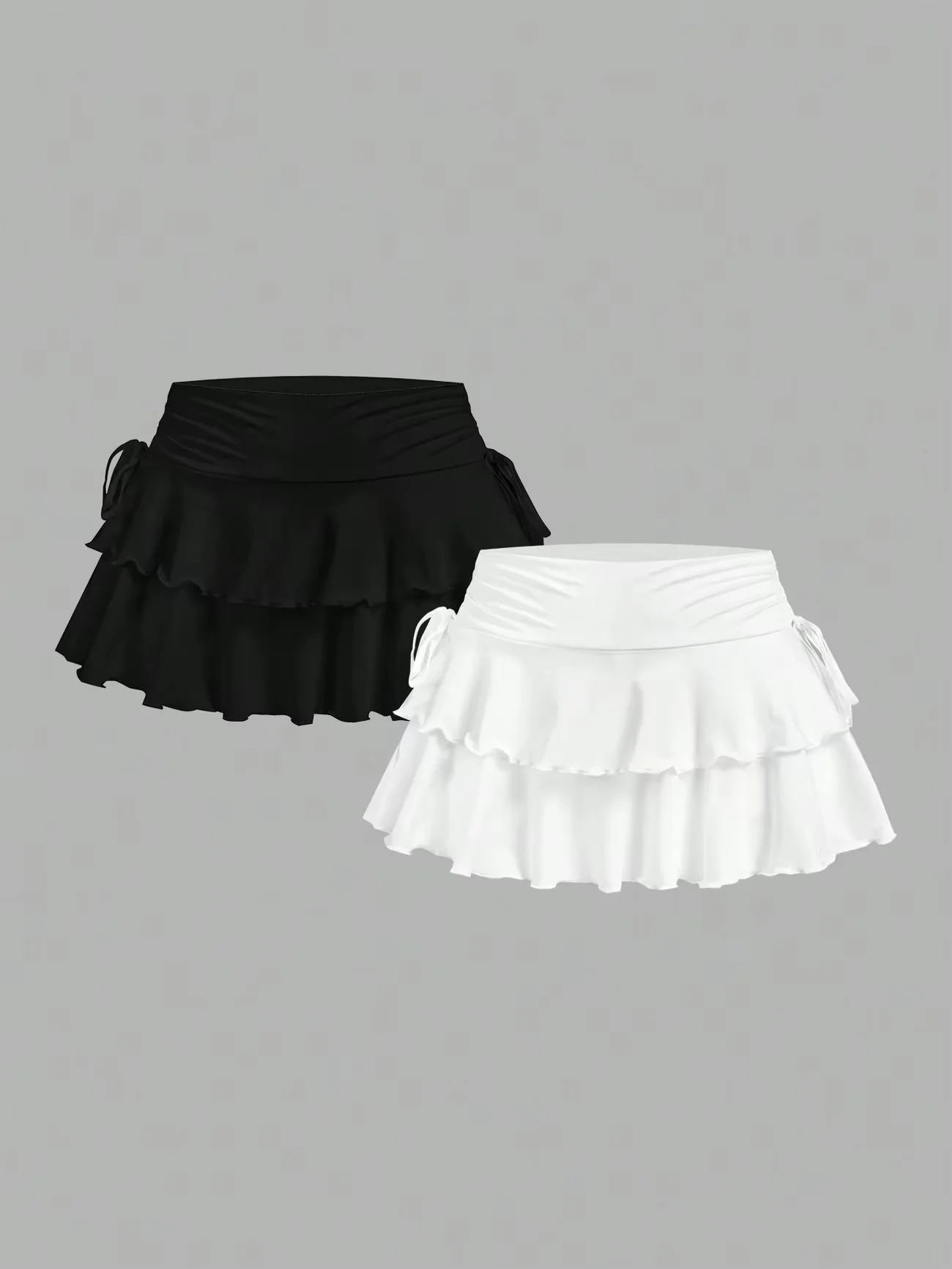 High Waisted Ruched Ruffle Mini Skirt 2-Pack - Multi-Occasion Side Drawstring Flared Skort Set for Daily Outfits, Gym, Tennis