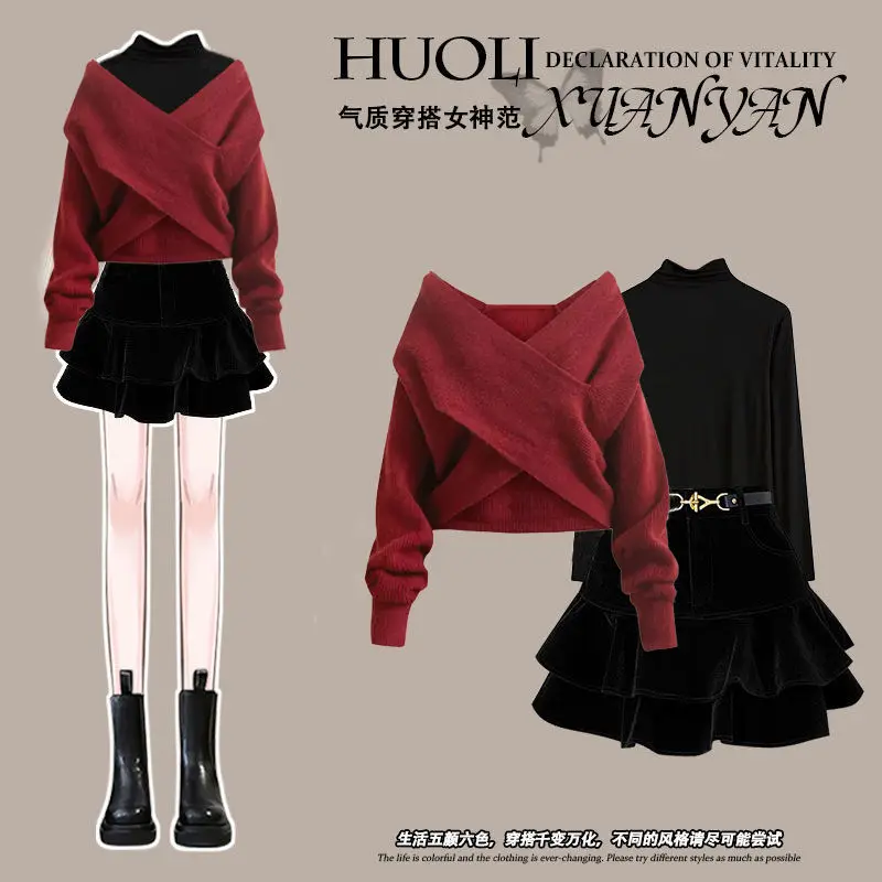 Large size women's autumn and winter set 2024 new fashion sweater slimming base shirt half skirt three piece set trendy