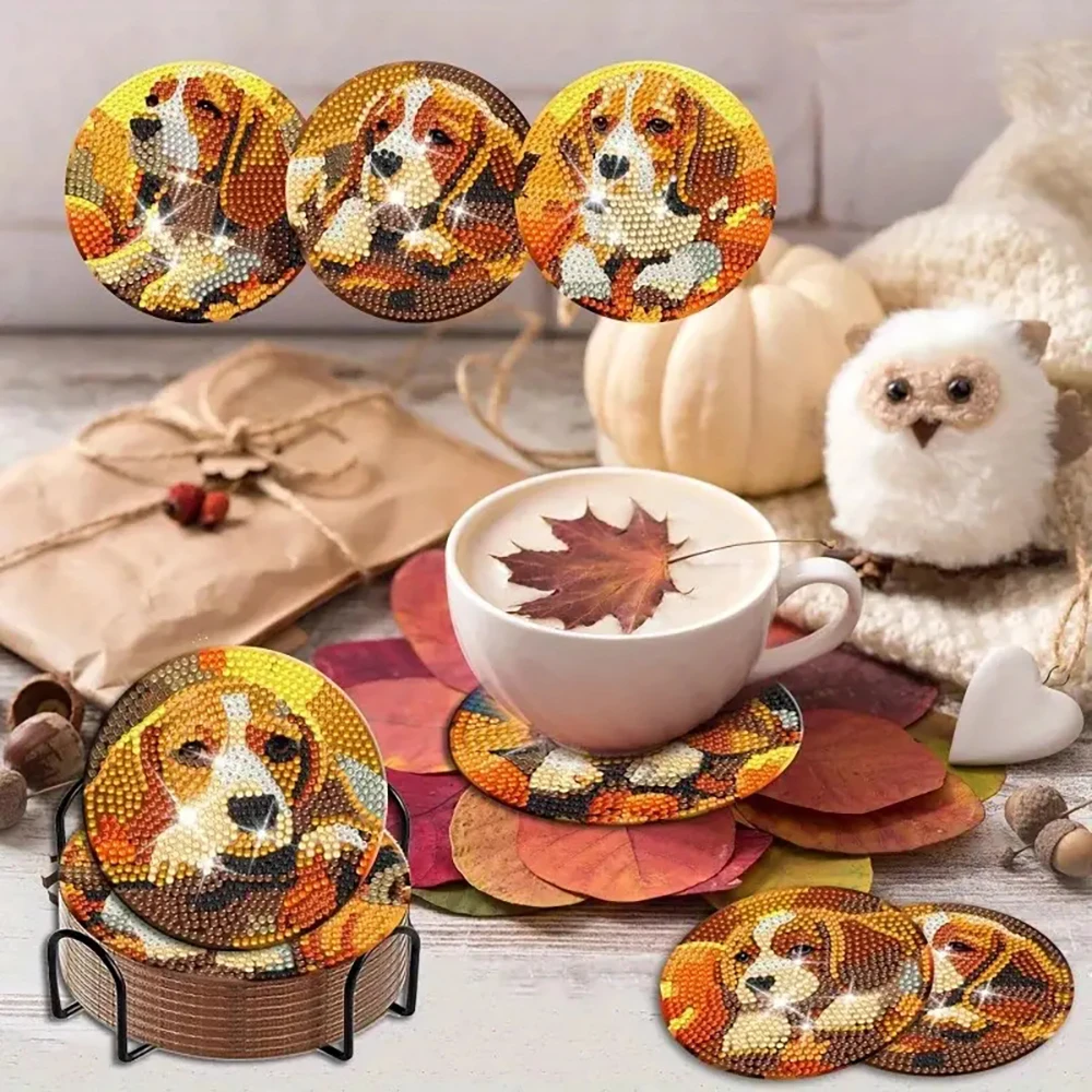8 pieces/set of animal puppy diamond painting coaster set, DIY coaster with holder for beginners, art and craft gift
