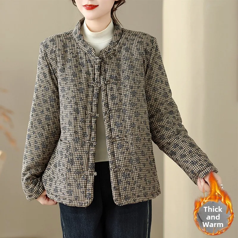 

Утепленное хлопковое пальто для женщин, зимнее, из старинной ткани, льняное, хлопковое, с эффектом омоложения, шикарное, с цветочным узором, длинный рукав