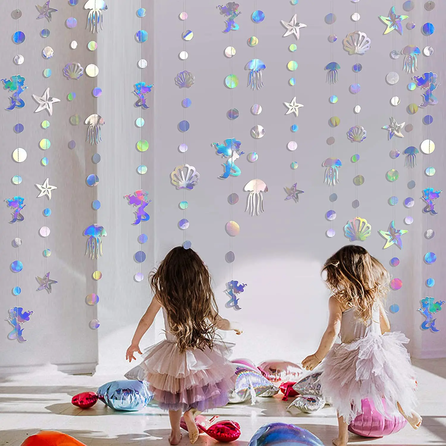 Iridescent Mermaid Banners Laser Mirror Paper Star Jellyfish Seashell Starfish Garland Under The Sea Party Hanging Decorations