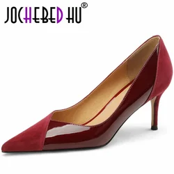 【JOCHEBED HU】Fashion Pumps Women New Sexy Socialite Lady Wine Red Suede Medium Stiletto High Heels Pointed Toe Slip-on Party