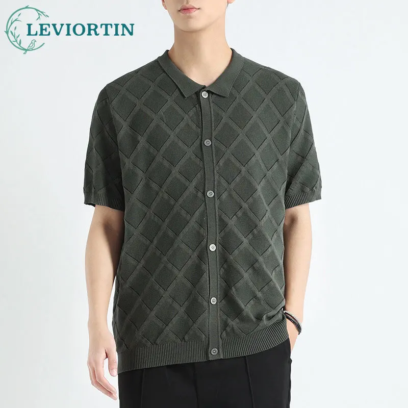 

Мужская летняя молодежная модная рубашка-поло из ледяного шелка с коротким рукавом и откидным воротником, высококачественная футболка с ромбовидной сеткой, вязаный кардиган, футболка