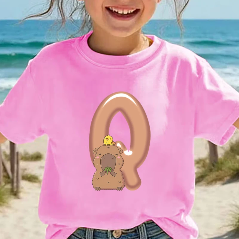 Capybara Kawaii Cartoon Shirt for Children Letters A B C D Animal Design T-Shirts Casual Capybara 26 Alphabet Birthday Gift Tops