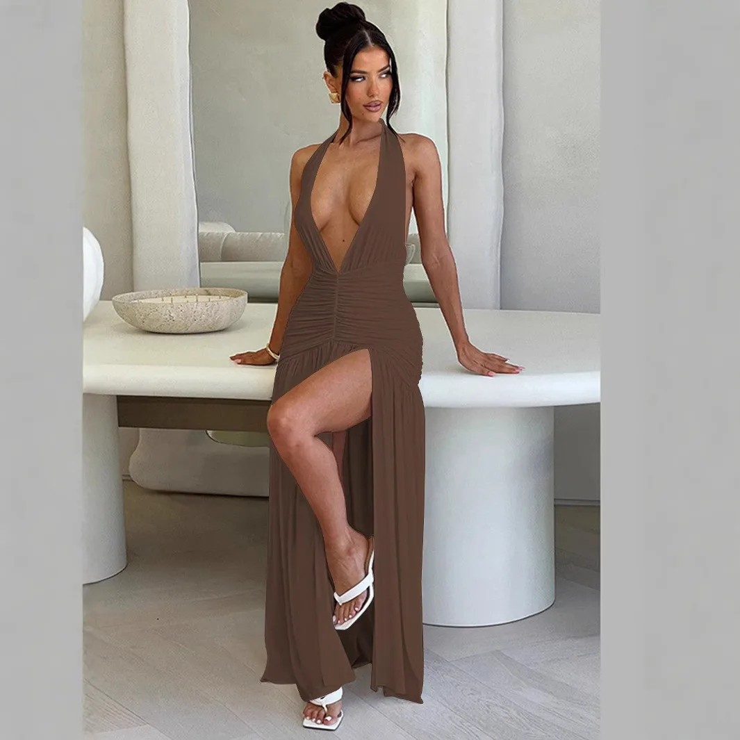 

Sexy Neck Mounted Dresses Women Sleeveless V Neck Party Dress Solid Spliced Vestidos Loose Fit Ankle Length 2025 Summer