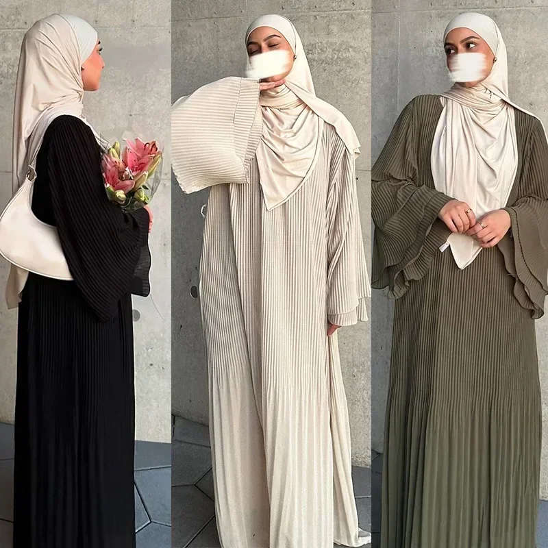 Women Muslim Modest Closed Pleated Dresses Long Sleeve Abaya Kaftan Basic Islamic Eid Clothes Dress Musulmane Femme Vestidos New