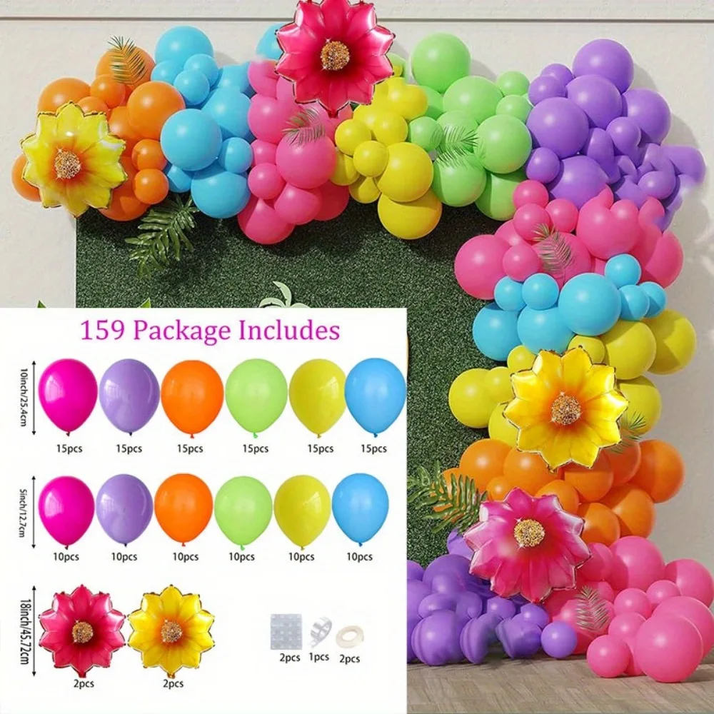 159PCS Hawaiian Balloon Garland Set Rainbow Balloon Aluminum Film Balloon Summer Party or Hawaiian Birthday Party Decoration