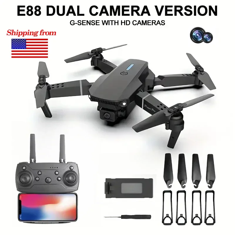 E88Pro RC Drone 4K Professional Dual HD Camera, 1080P Wide Angle Foldable Quadcopter, WIFI FPV, Height Hold, with 2 Batteries