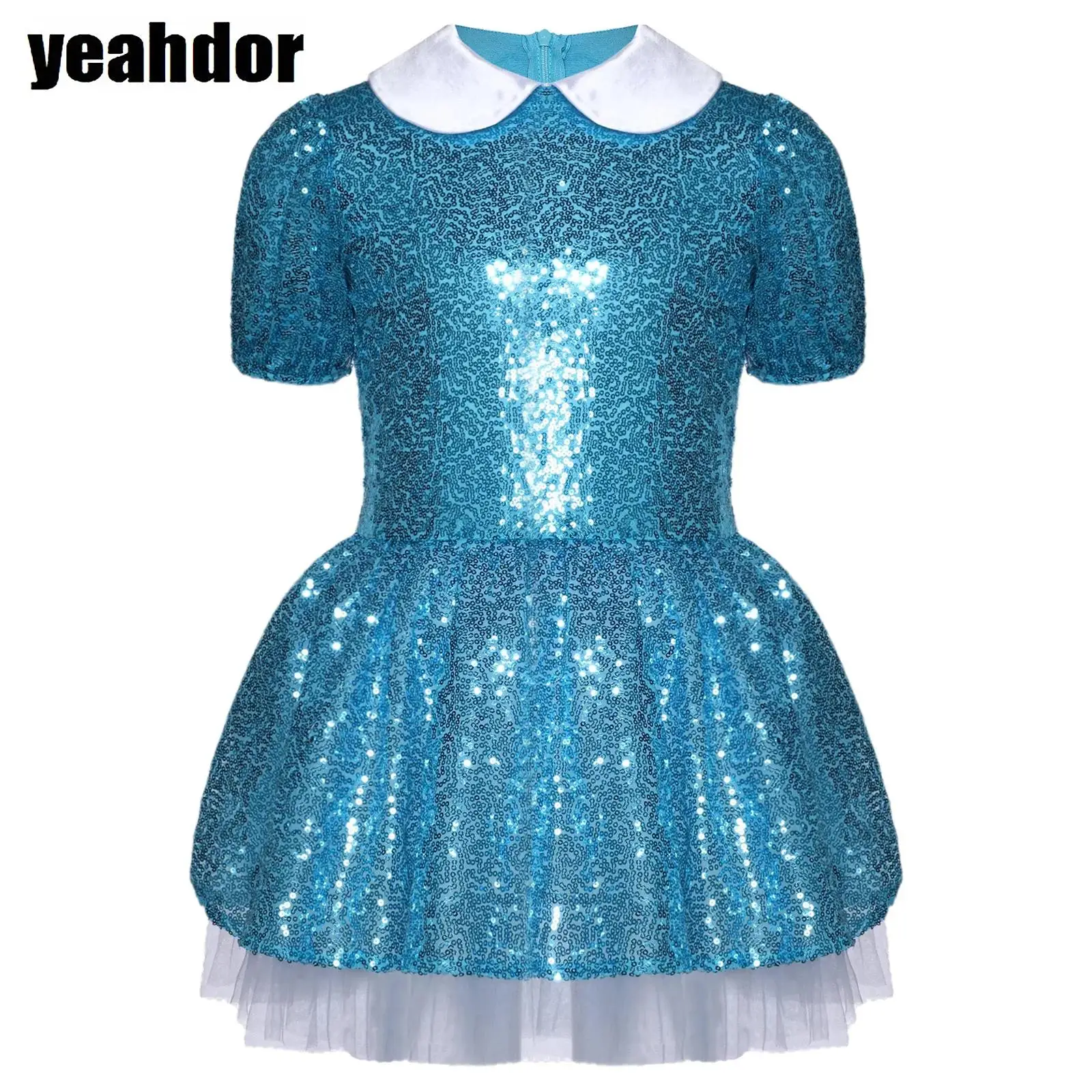 

Girls Wonderland Princess Sequin Costume Shiny Sequins Blue Dress Short Sleeve Puffy Ballet Tutu Dress Halloween Eif Dress Up