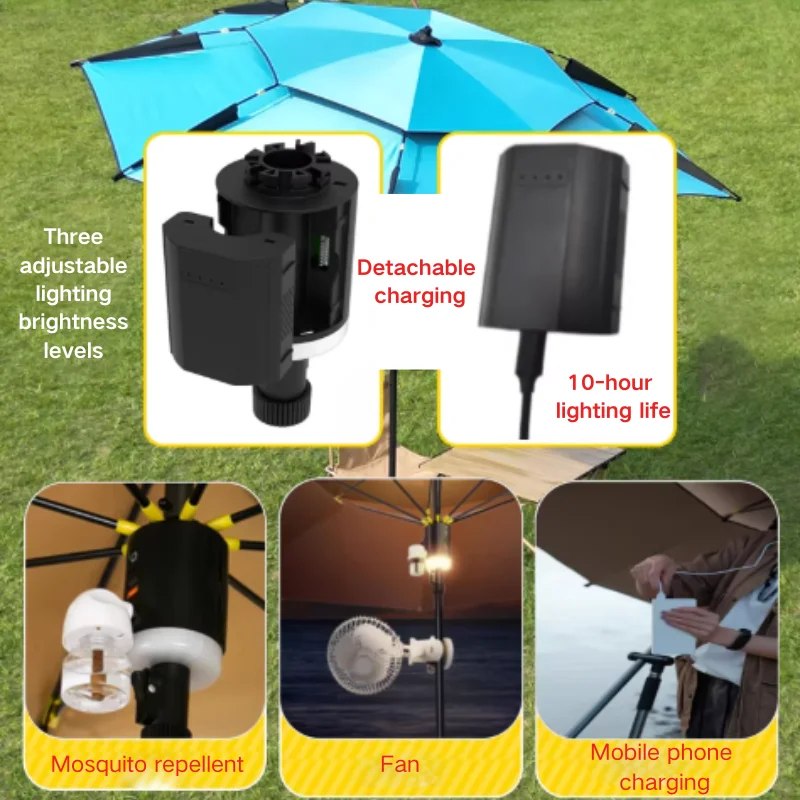 Large Tilting Outdoor Fishing Parasol With LED Light And Mosquito Repellent, Camping Sunshade Canopy Umbrella
