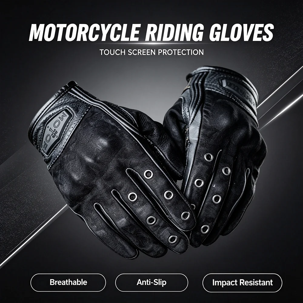 Vintage Leather Climbing Hiking Motorcycle Riding Gloves MR MOTOR Anti-Scratch Armor Motorbike Glove for Men Women Summer ATV