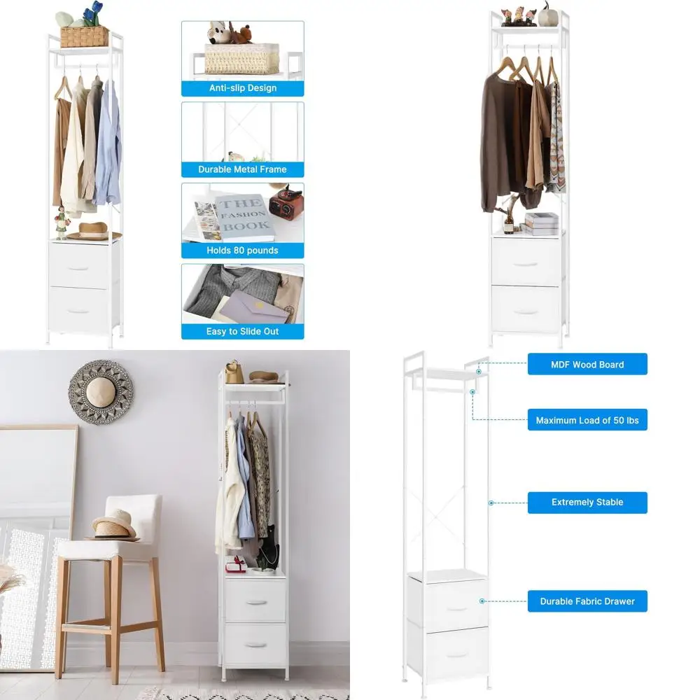 

Sturdy Fabric Cover and Shelf Garment Rack for Bedroom, Entryway, or Living Room - White