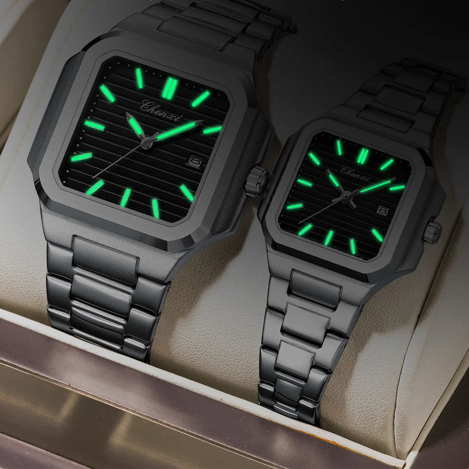 2 قطعة ساعات الزوجين عالية الجودة الفاخرة الأصلية ساحة ساعة كوارتز زوج الرجال النساء مقاوم للماء مضيئة عشاق مجموعة ساعة هدية