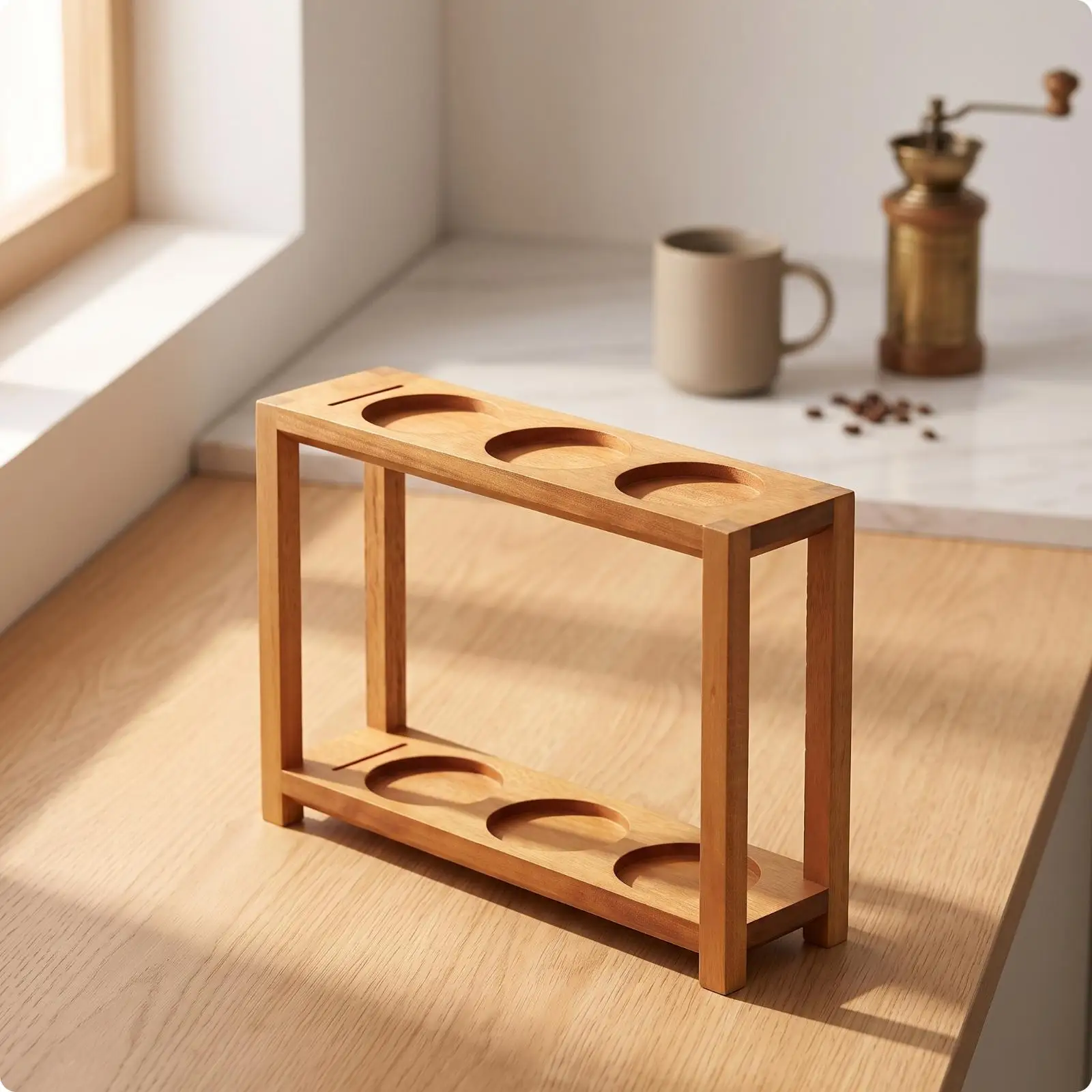 Espresso Station Organizer Rack Wood Two Tier Coffee Tool Storage with Cup Recesses and Narrow Slot for Barista Kit