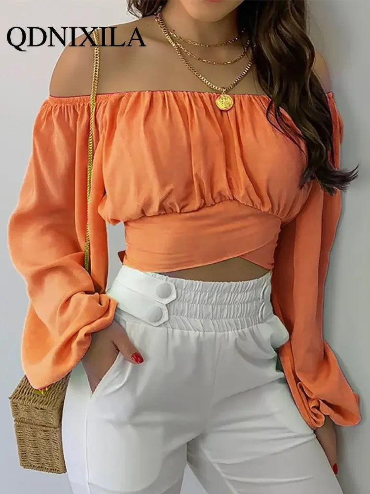 New Spring Summer Ladies Strapless Cross Strap Woman Tshirts Women Tops Blouse Corset Long Sleeve Top Women Women Shirts Blouses