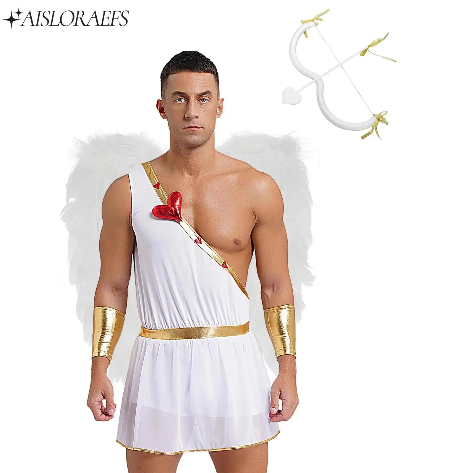 Men Valentine Cupid Cosplay Costume Carnival Performance Party Halloween Cosplay Fashion Outfit Heart-shaped Romper Bodysuit Set