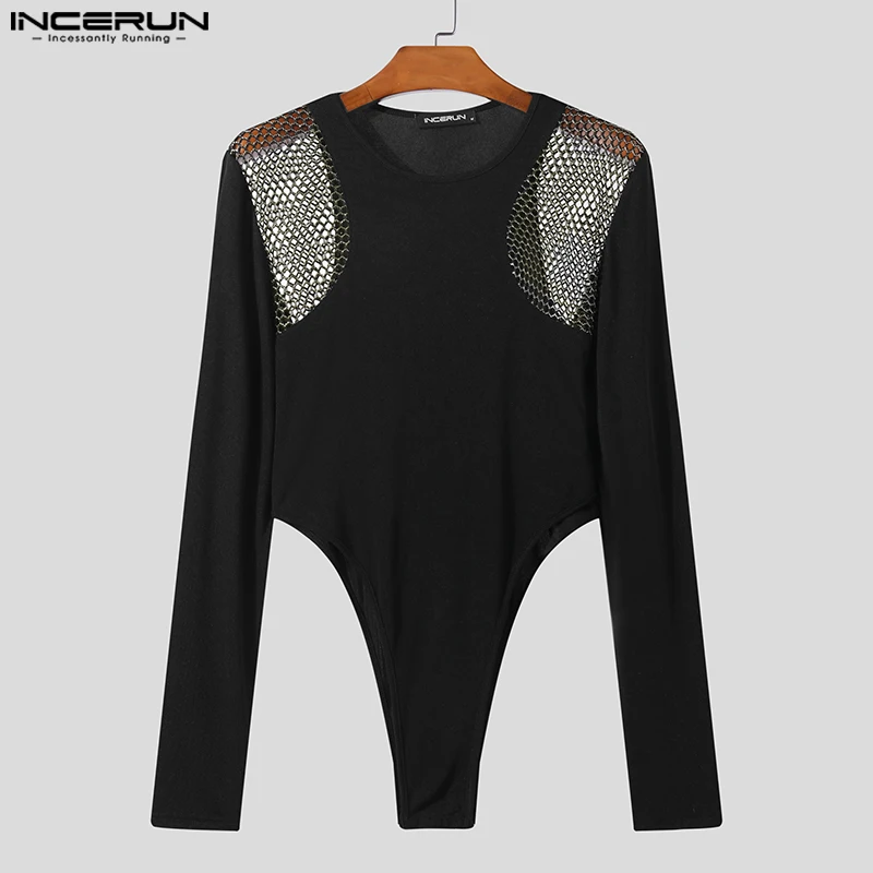 INCERUN 2023 Sexy Style Men Rompers Irregular Hollow Patchwork Mesh Jumpsuits Stylish Solid Thimble Long Sleeved Bodysuits S-5XL