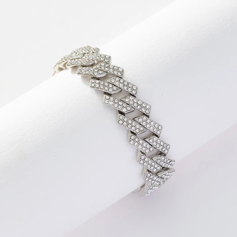 Hip Hop 15MM Rhinestone Prong Iced Out Cuban Link Chain Bracelet Men Women Silver Gold Color Rhombus Cuban Bracelets Jewelry