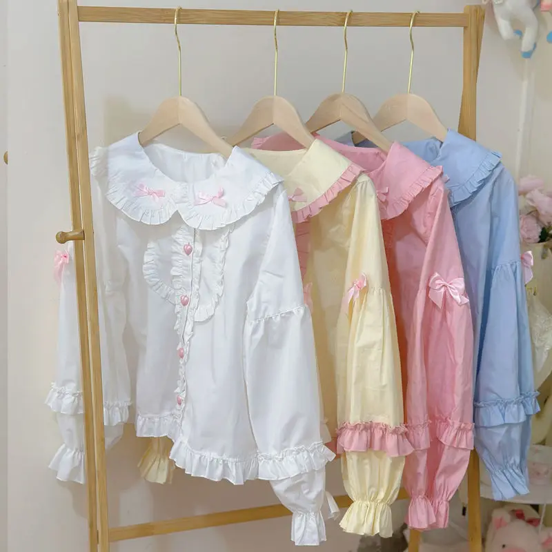 Japanese Cute Lolita Blouses Ruffles Bow Rabbit Ear Style Peter Pan Collar JK Shirt Uniform Tops Girl Kawaii Blouse