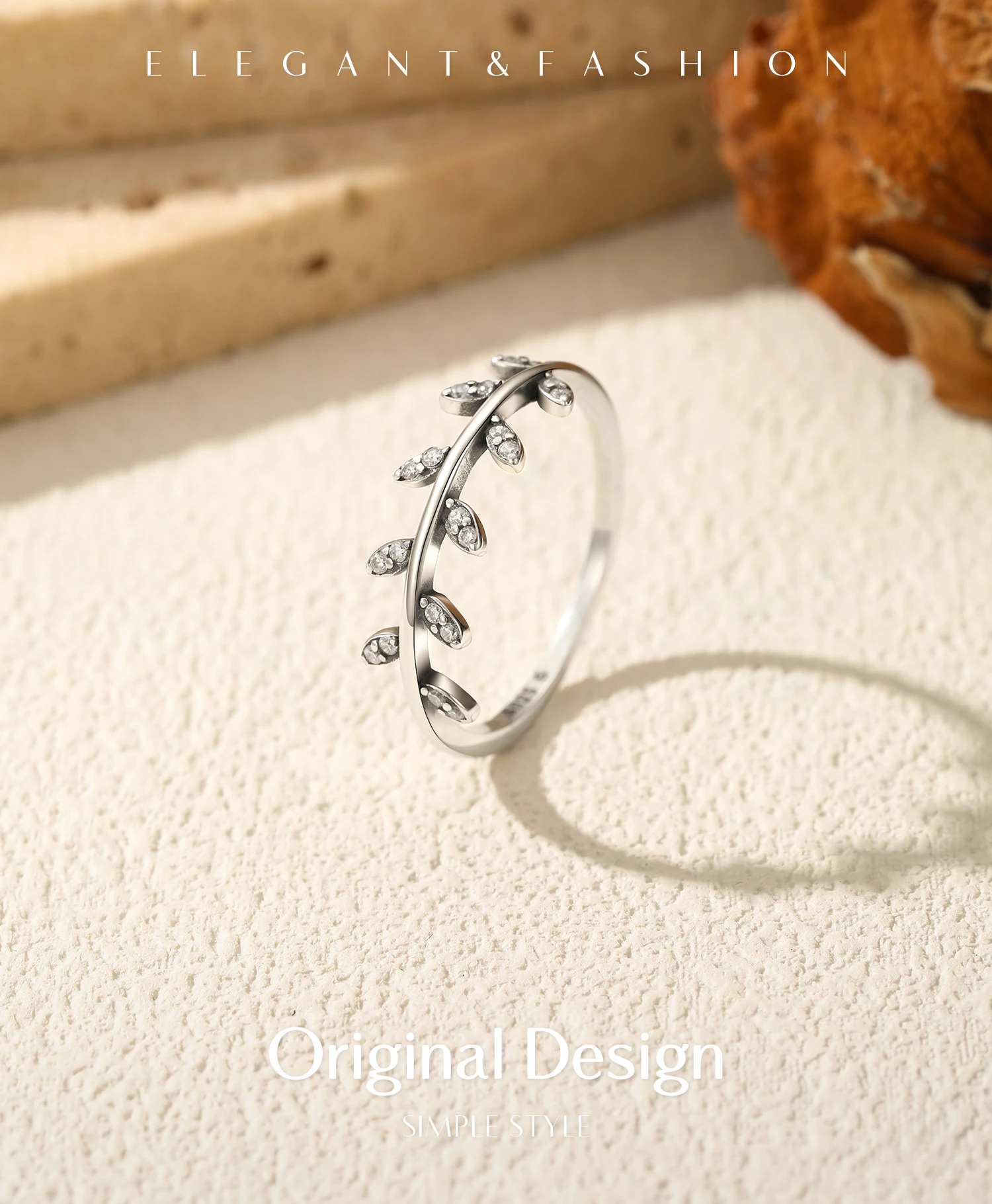 MODIAN Ring aus 925er-Sterlingsilber mit Blattzweig-Motiv, klarem Zirkonia, Olivenzweig, dünn, stapelbar, Fingerringe für Damen, Natur, edler Schmuck – Detail 1
