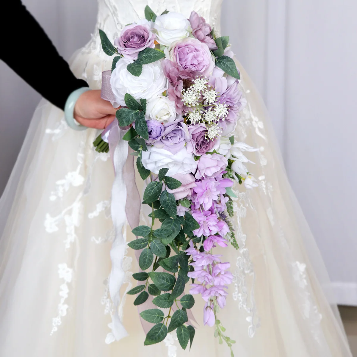 

Purple Bridal Bouquet Cascading Fake Flowers