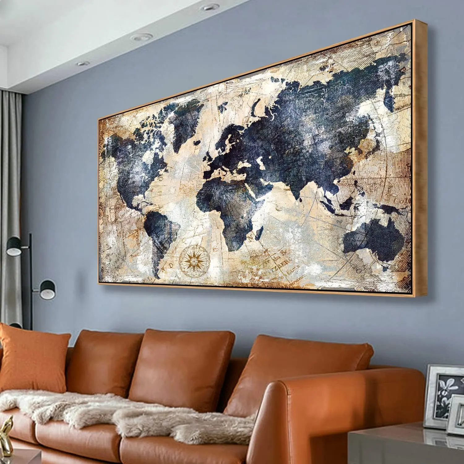 Mapa del mundo enmarcado, impresión artística de pared, mapa náutico, obra de arte en lienzo para decoración del hogar y la Oficina, imagen de memoria de viaje, x pulgadas, lista para Han